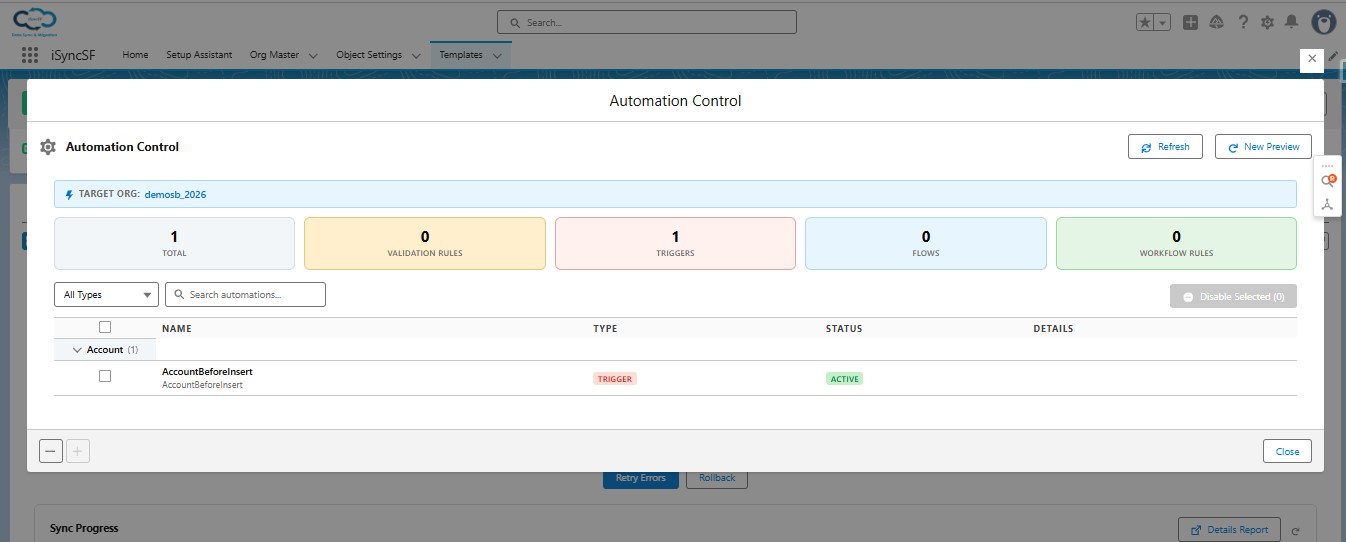 iSyncSF Automation Control panel listing target-org triggers, validation rules, flows, and workflow rules with disable/enable toggles